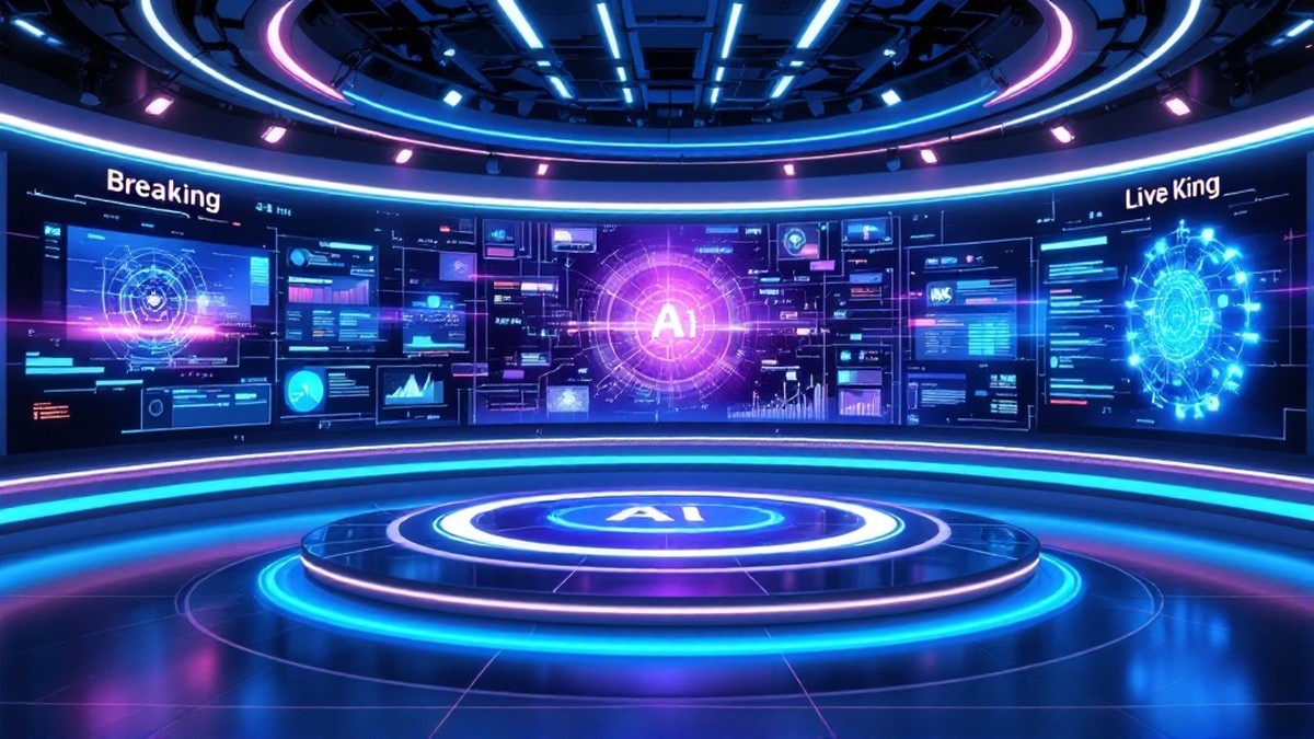 AI news breaking today 2026 technology newsroom with digital displays