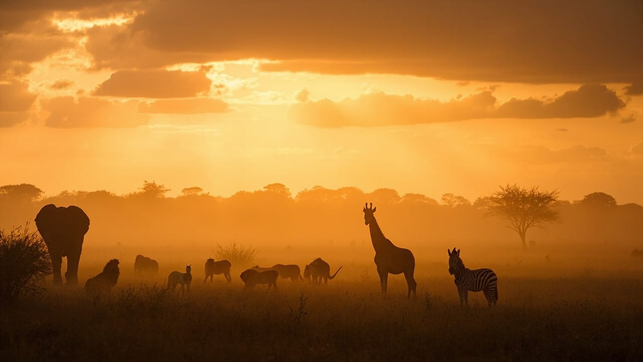 incredible animals that shock the world 2026 — Diverse wild animals gathered on the African savanna at golden hour, illustrating the incredible animals that shock the world 2026.