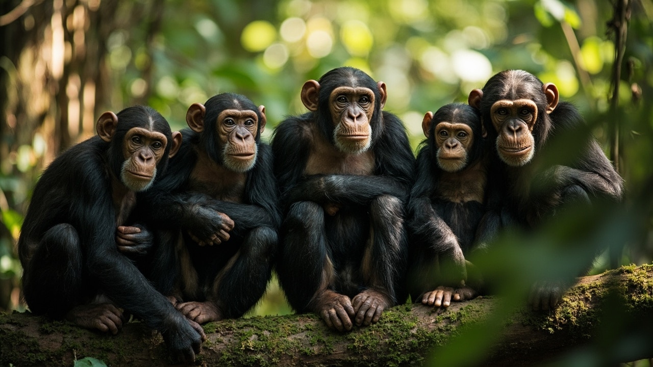 incredible animals that shock the world 2026 — A group of wild chimpanzees in their natural rainforest habitat, showcasing incredible animals that shock the world 2026.