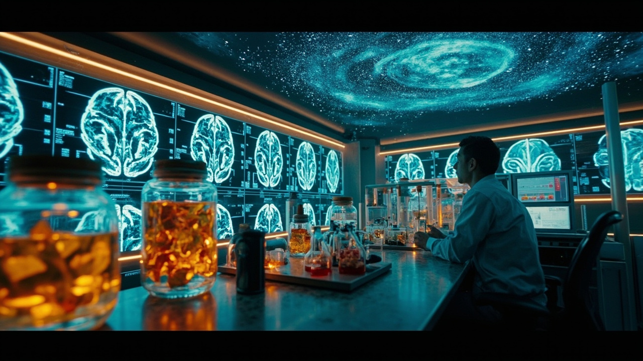 scientific discoveries 2026 breakthrough - cinematic research lab with brain scans, quantum computers, ancient DNA samples