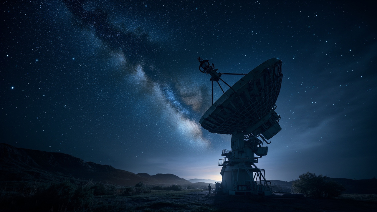 scientific discoveries 2026 breakthrough - radio telescope dish at night pointing at starfield