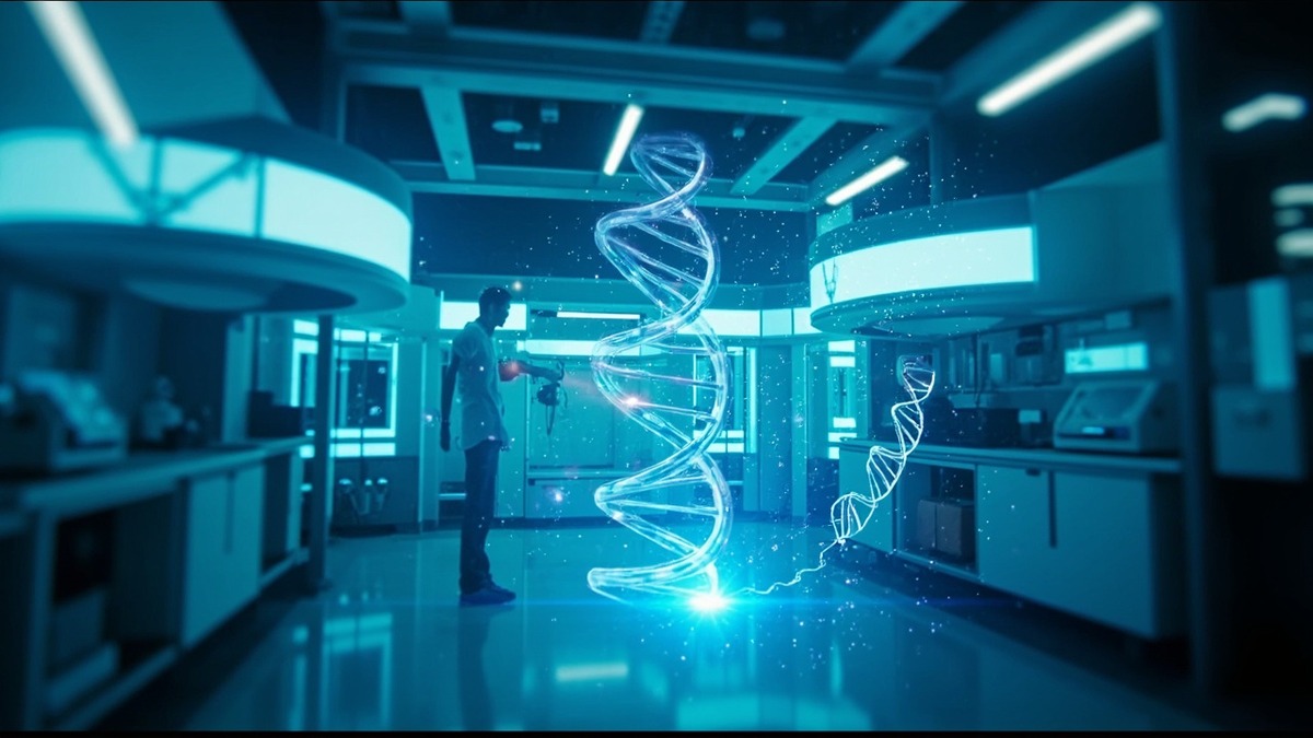 top amazing facts you must see 2026 futuristic glowing scientific laboratory with floating holographic DNA helix and modern equipment