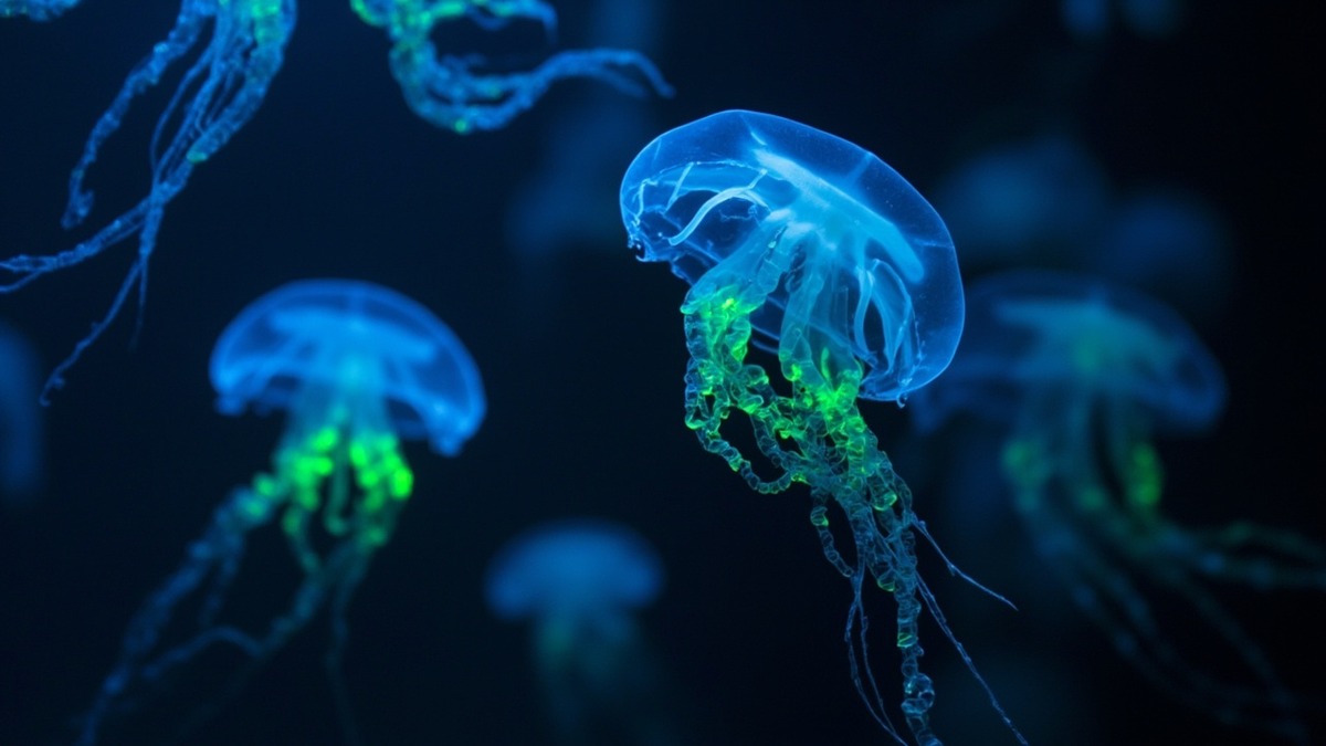 top amazing facts you must see 2026 bioluminescent jellyfish glowing in dark deep ocean with blue and green light