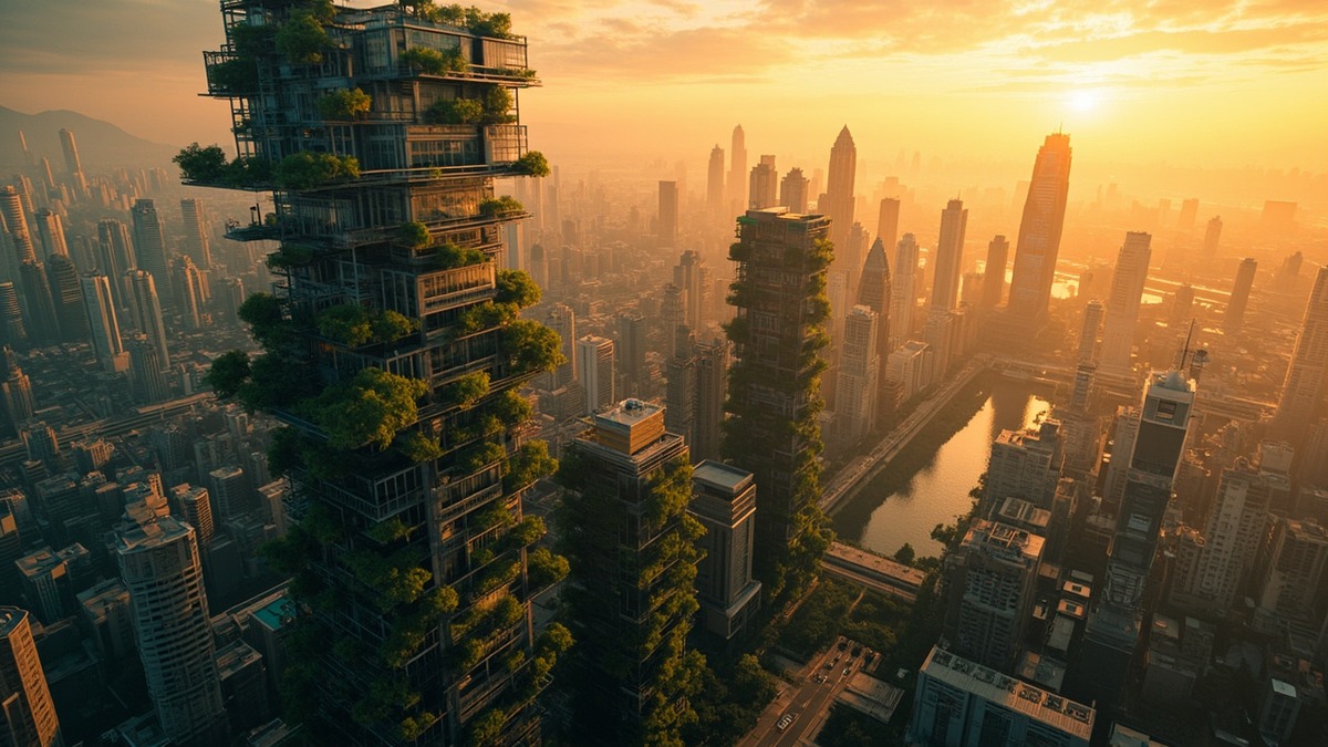 top amazing facts you must see 2026 aerial view of futuristic sustainable city with vertical gardens and solar panels at sunset