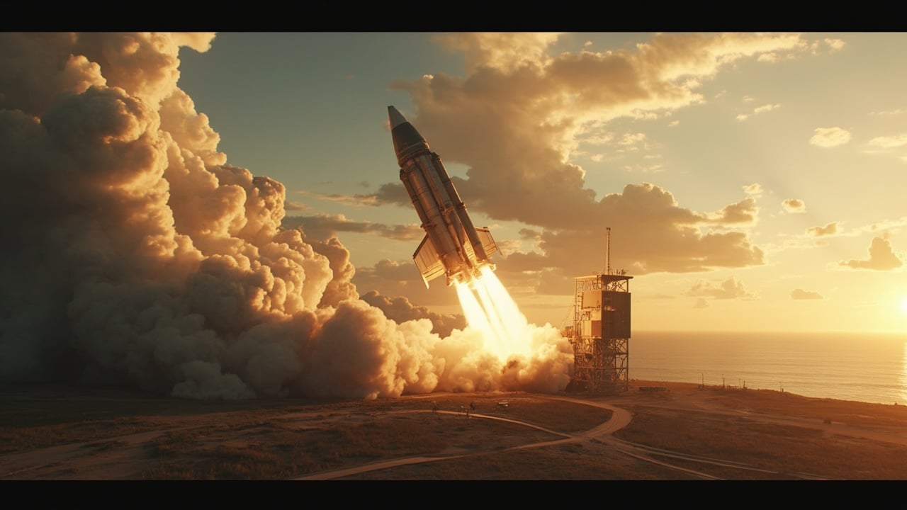 Mind blowing technology 2026 massive spacecraft lifting off at golden hour