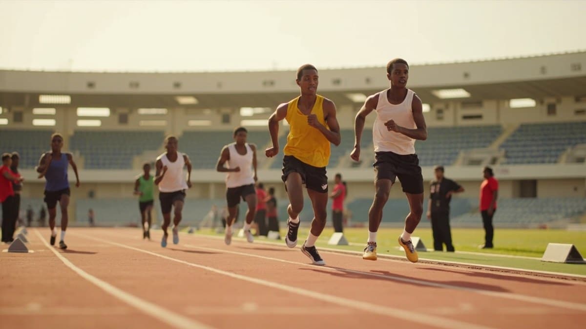 olympic athletes 2026 - young adult sprinters training in Dakar stadium