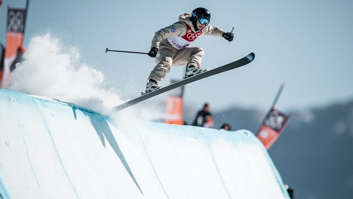 olympic athletes 2026 - freestyle skier catching air above Livigno halfpipe