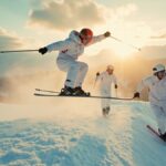 olympic athletes 2026 - wide cinematic alpine scene of elite winter olympic athletes 2026 training at sunrise