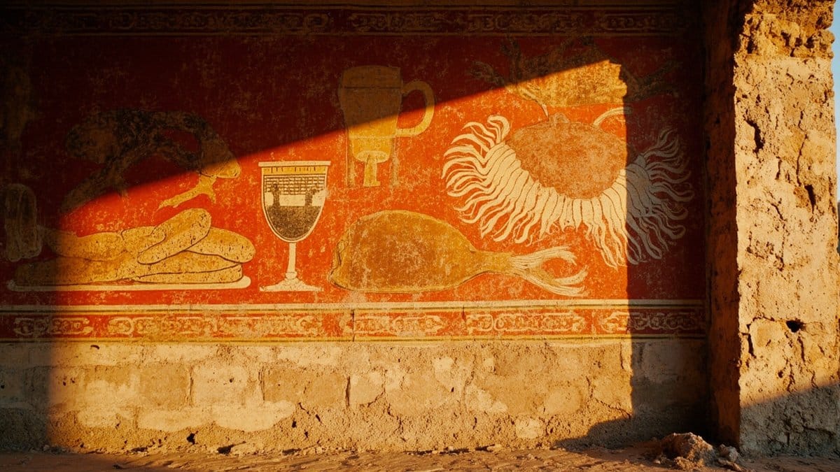roman empire discoveries 2026 - vivid Pompeii dining room wall fresco showing red and ochre food items