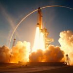space exploration milestones 2026 — Saturn V launch from Kennedy Space Center at dawn