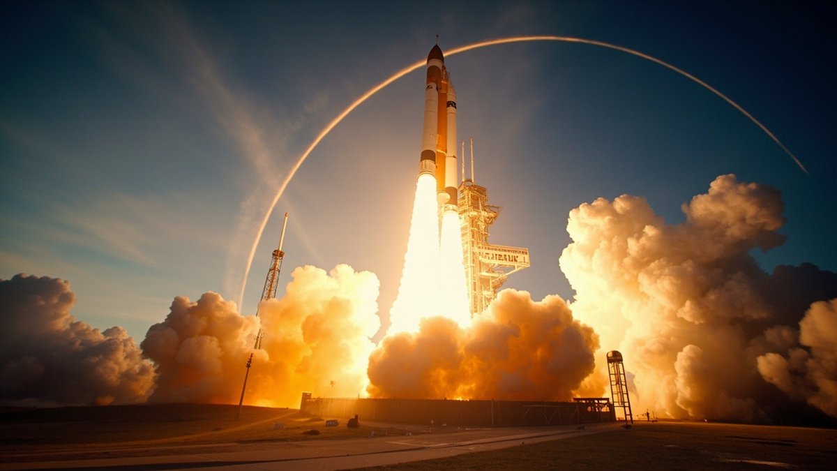 space exploration milestones 2026 — Saturn V launch from Kennedy Space Center at dawn