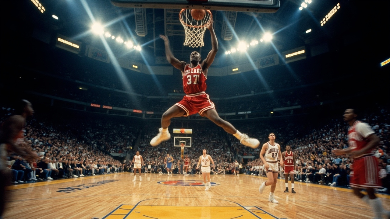 Sports history that went viral 2026 - early 2000s NBA slam dunk contest with athlete mid-air showing archive sports moments and iconic viral moments