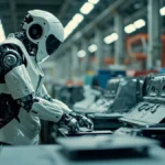 technology trends that went viral 2026 - humanoid robot sorting sheet metal on automotive factory floor