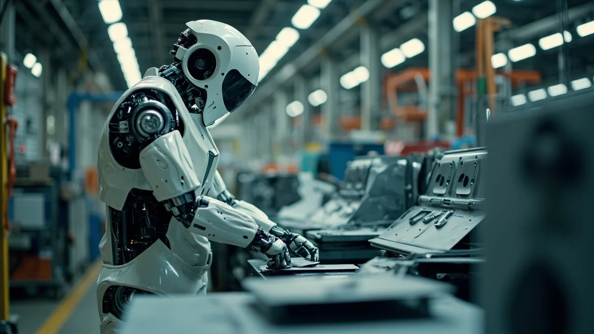 technology trends that went viral 2026 - humanoid robot sorting sheet metal on automotive factory floor