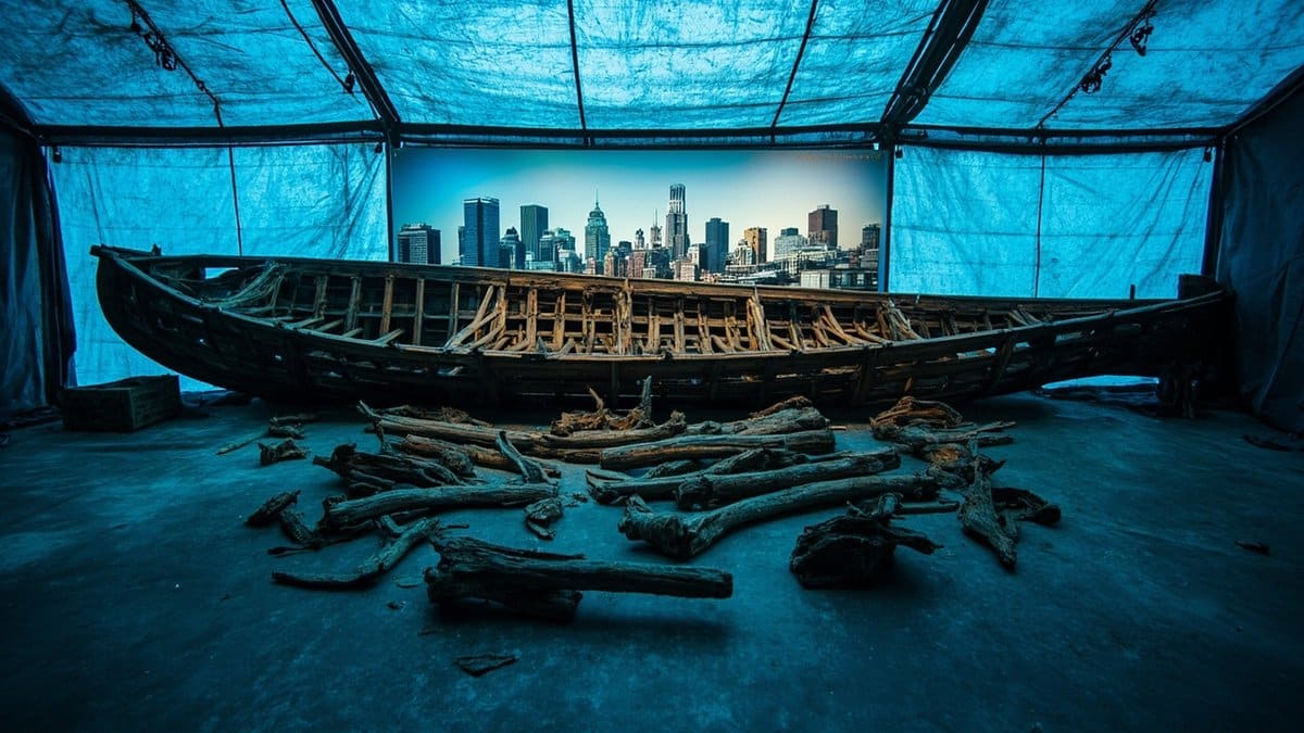 unexplained mysteries 2026 - fragments of a 700-year-old medieval ship hull under conservation in a museum