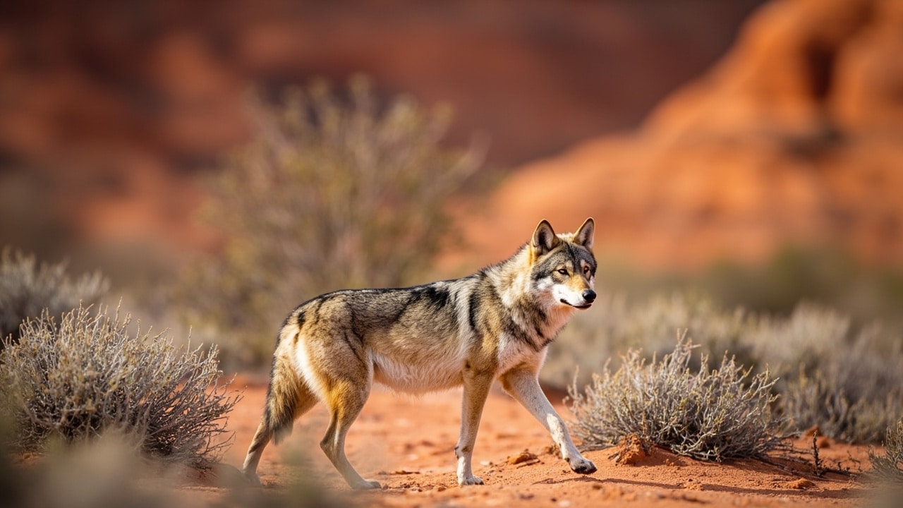 wolves comeback 2026 - Mexican gray wolf in arid canyon landscape