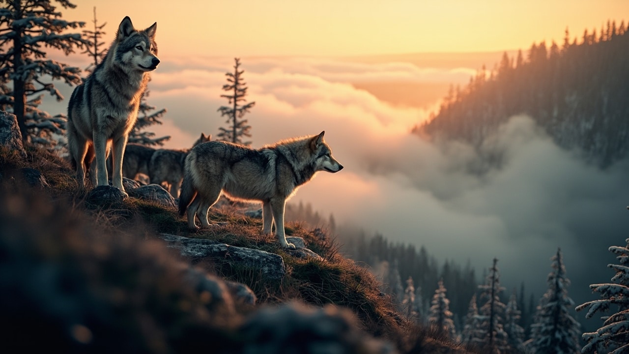 wolves comeback 2026 - pack on forested ridge at golden hour
