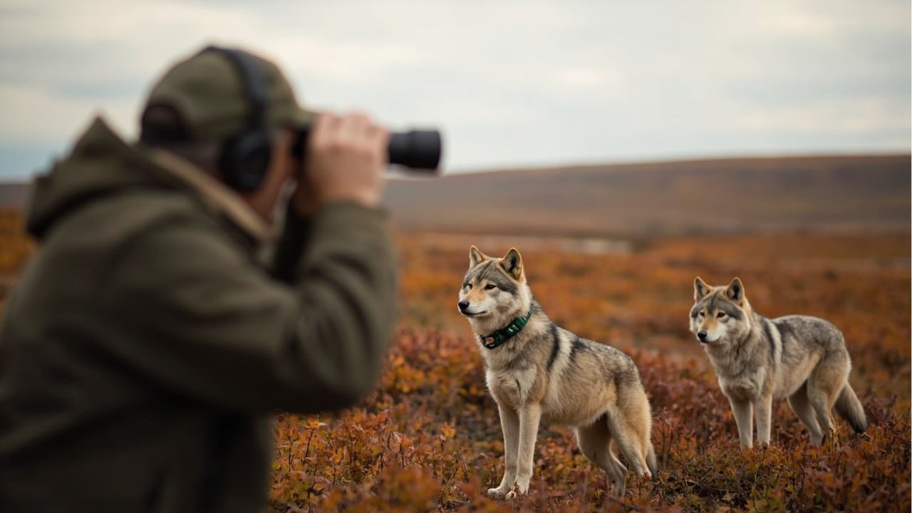 wolves comeback 2026 - biologist with binoculars observing collared wolf