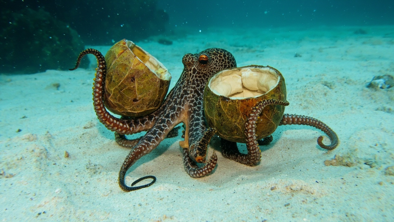 octopus intelligence 2026 coconut shell tool use
