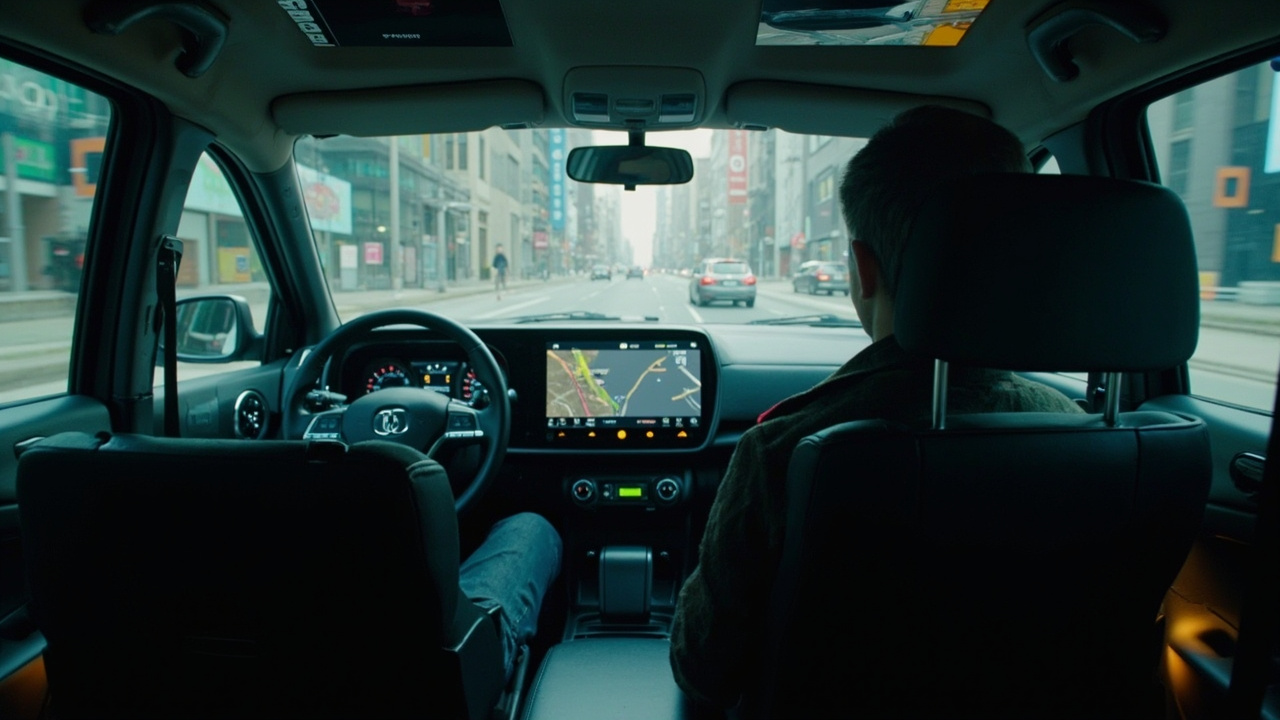robotaxi deployment 2026 - interior of a robotaxi showing dashboard screens and passenger