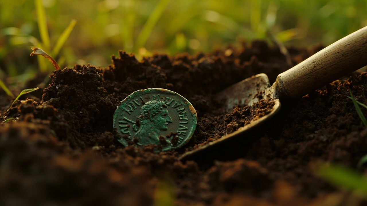 Roman coin hoard 2026: ancient denarius coin half-buried in dark soil with archaeological dig atmosphere