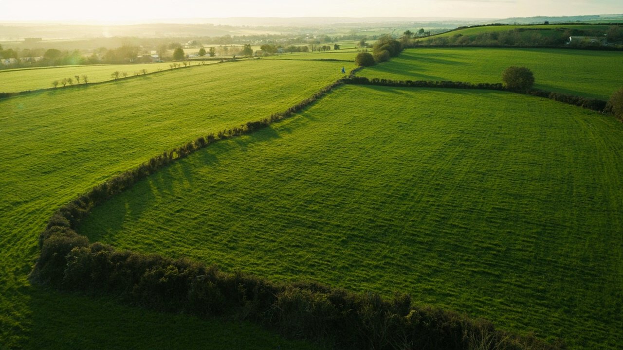 Roman coin hoard 2026: aerial view of Welsh field in Ceredigion where 2026 discovery was made