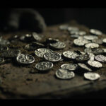 Roman coin hoard 2026: dramatic photograph of freshly unearthed silver coins in dark Welsh soil