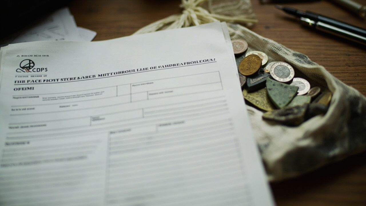 Roman coin hoard 2026: Treasure Act 1996 official reporting form next to small bag of archaeological finds