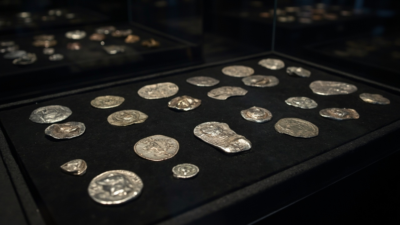 Roman coin hoard 2026: museum display case of famous Roman silver treasures including Hoxne hoard finds